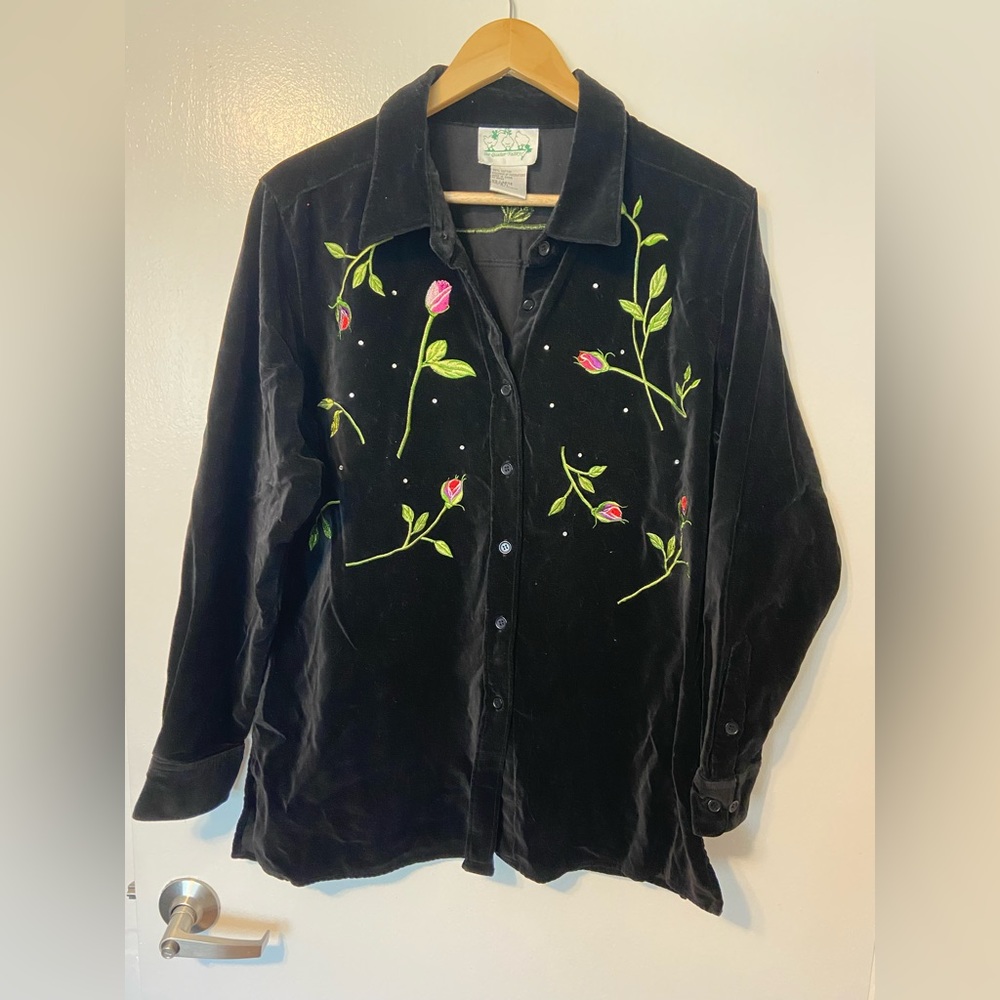 QUACKER FACTORY SPARKLE Vintage VELVET Shacket JACKET TOP EMBROIDERED ROSE Sz L